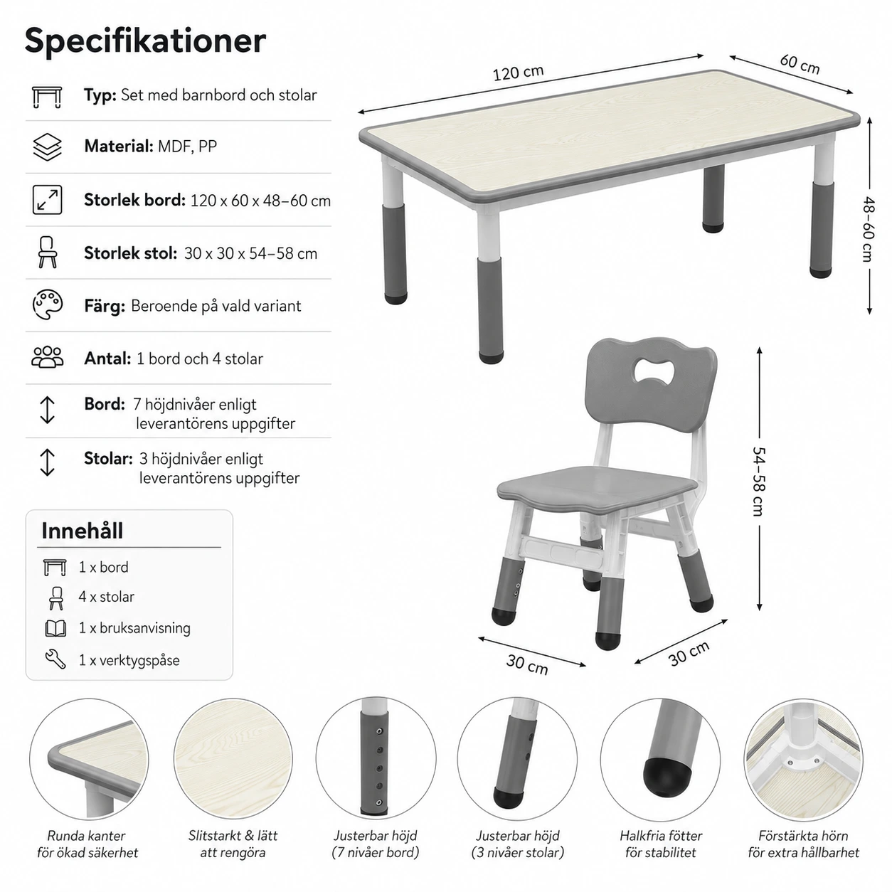 Justerbart barnbord med 4 stolar för hem och förskola