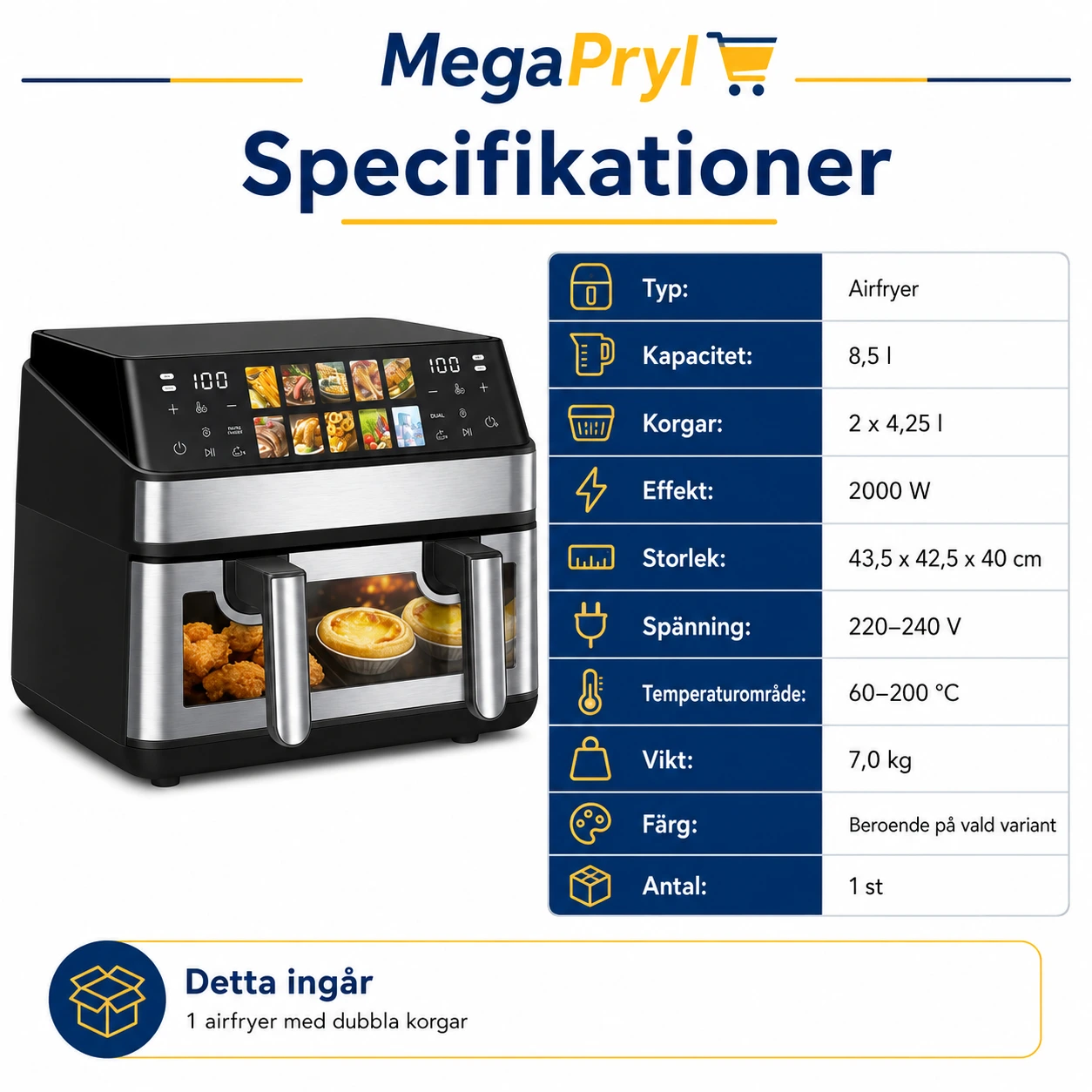 Airfryer med dubbla korgar och tittfönster 8,5 l