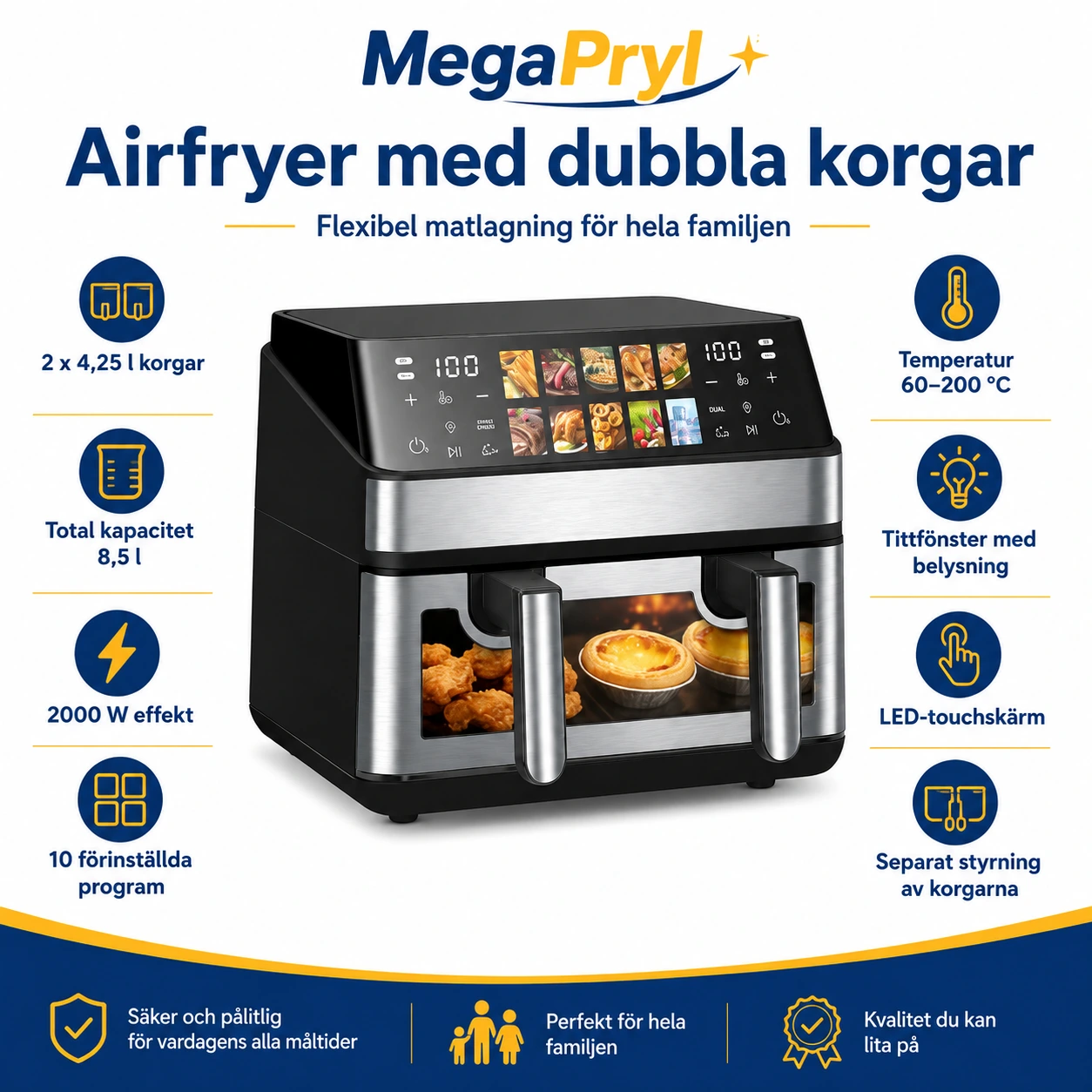 Airfryer kaksilla koreilla ja katseluikkunalla 8,5 l