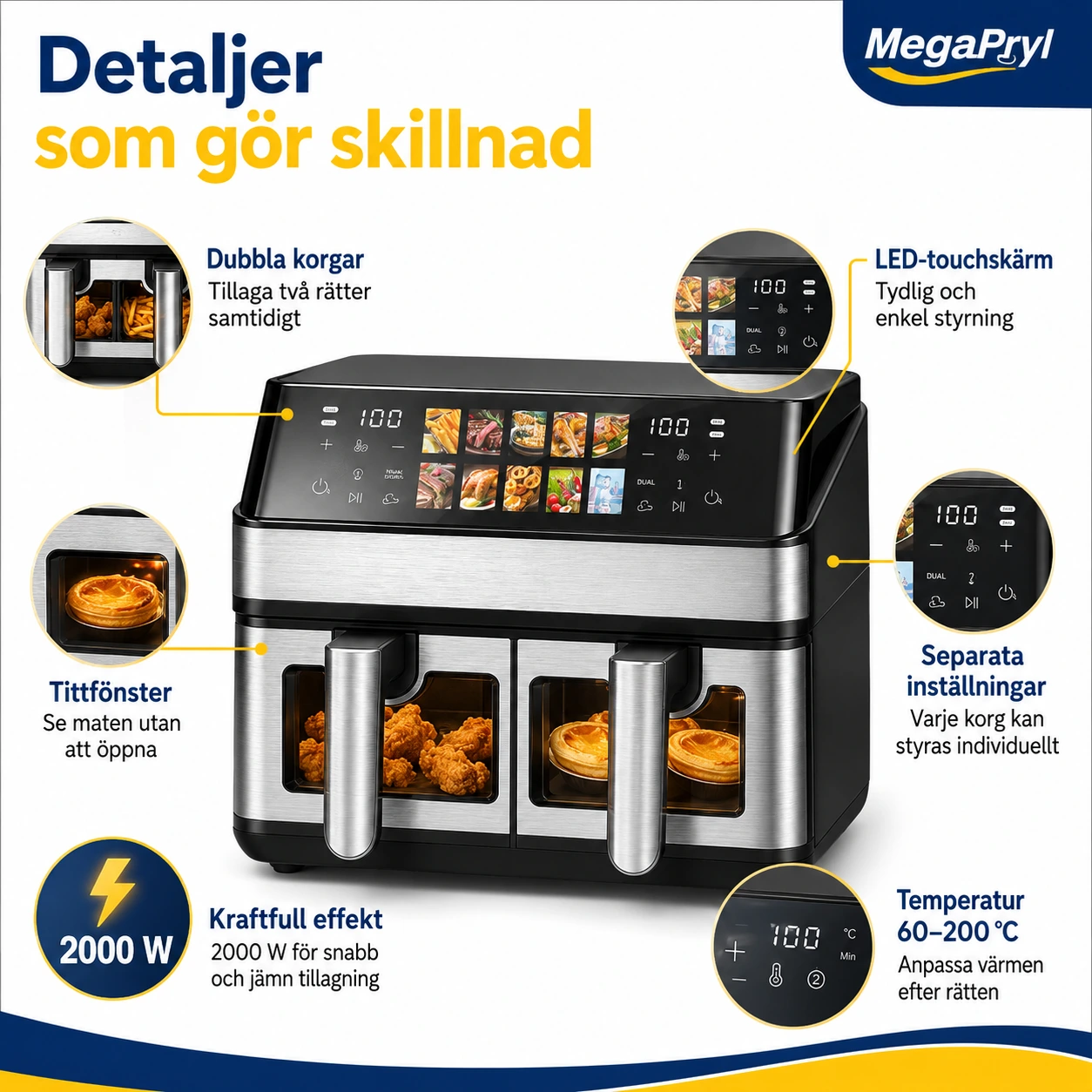 Airfryer med dubbla korgar och tittfönster 8,5 l