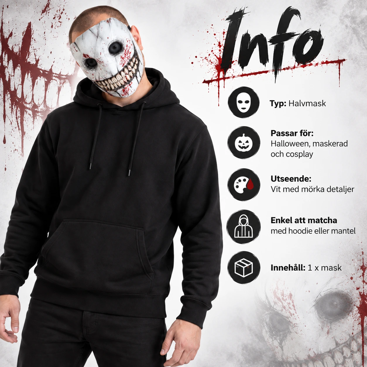Skräckmask halvmask för halloween och maskerad