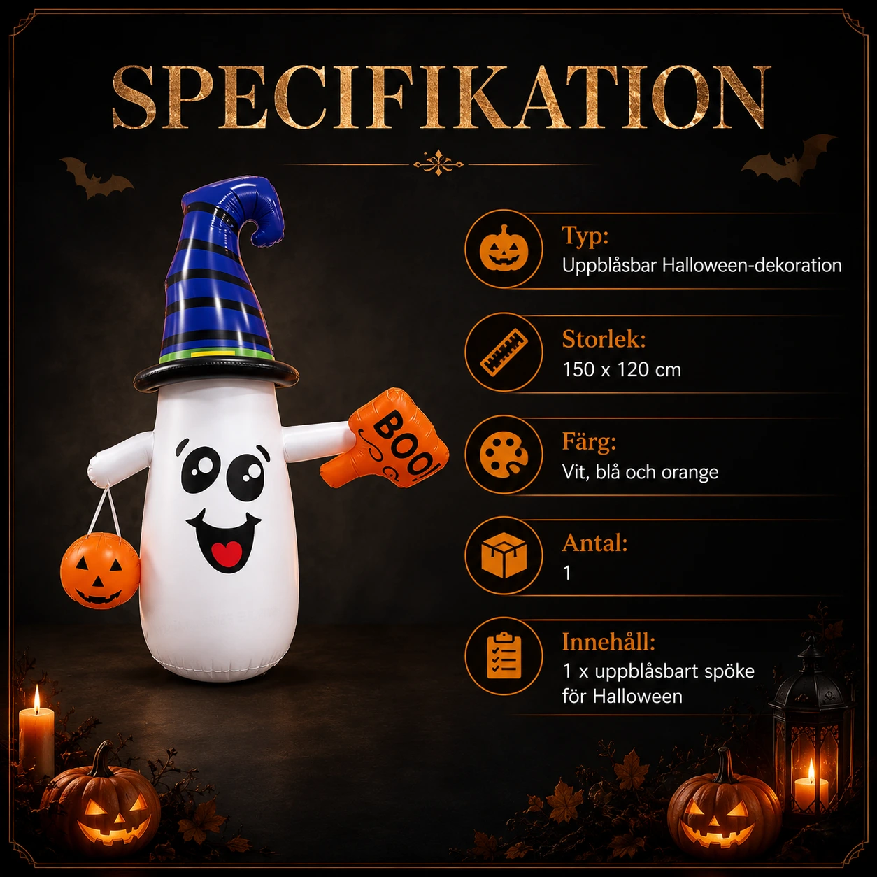 Uppblåsbart spöke för Halloween med belysning