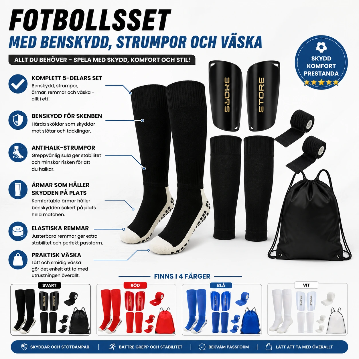Fotbollsset med Benskydd, Strumpor och Väska