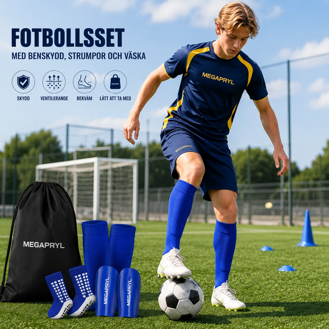 Fotbollsset med Benskydd, Strumpor och Väska