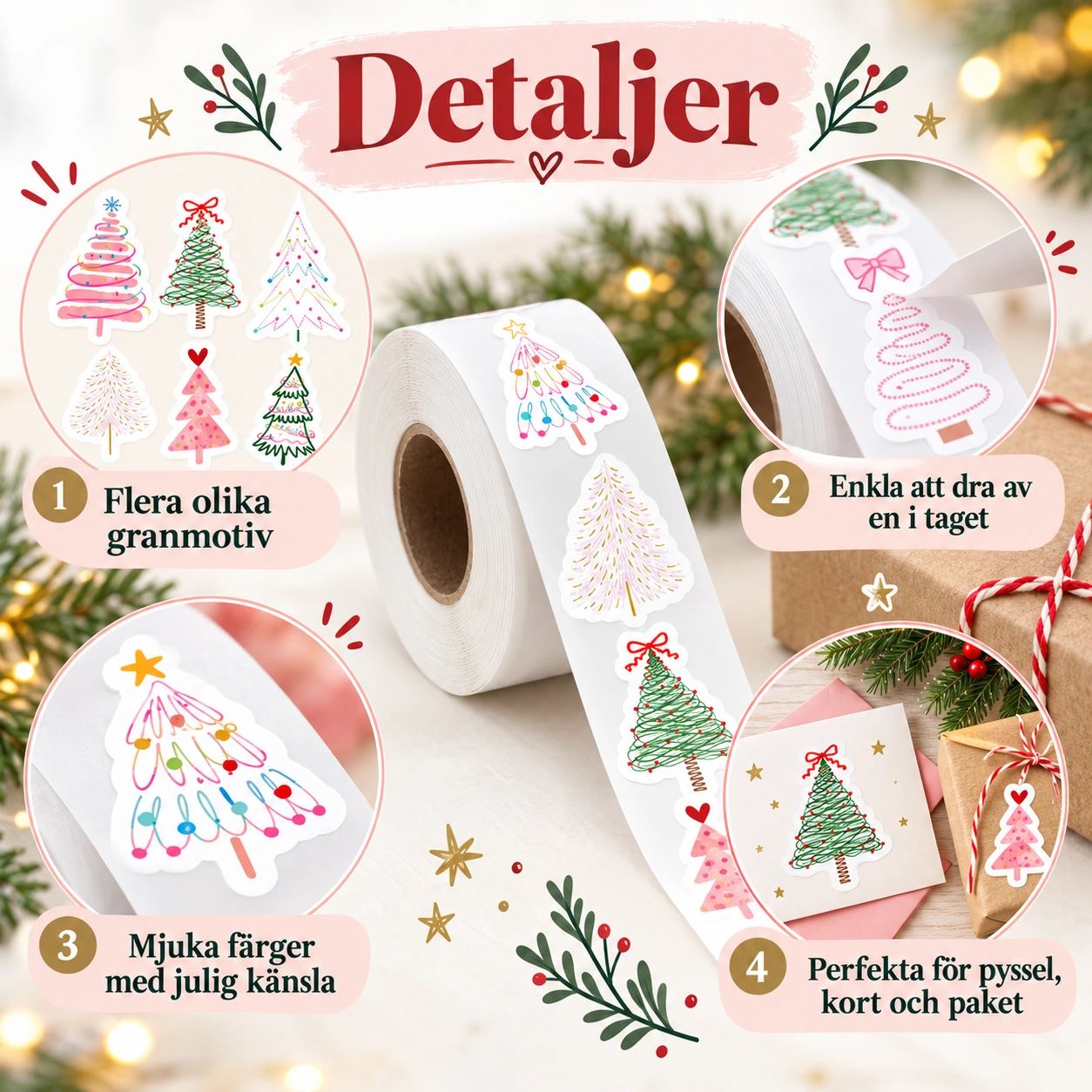 Julklistermärken på rulle med granmotiv, 500 st