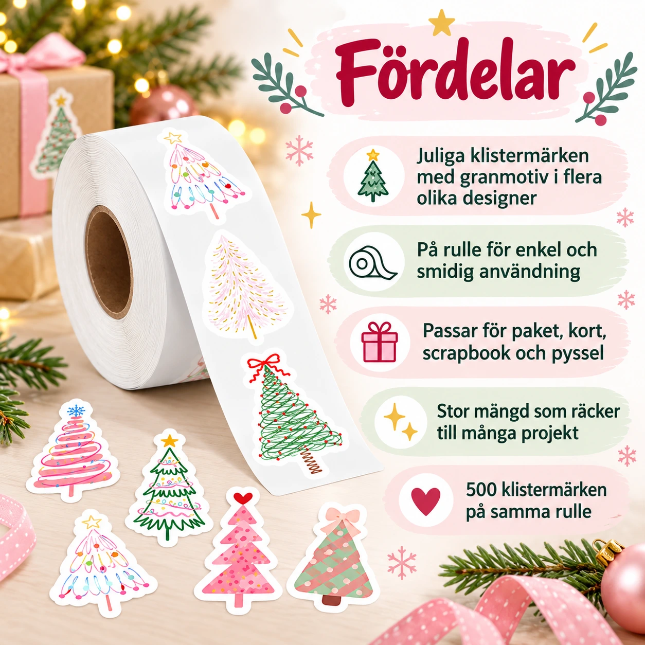 Julklistermärken på rulle med granmotiv, 500 st