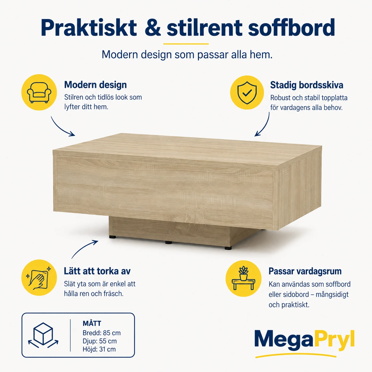 Soffbord för vardagsrum i sonoma-ek 85x55x31 cm