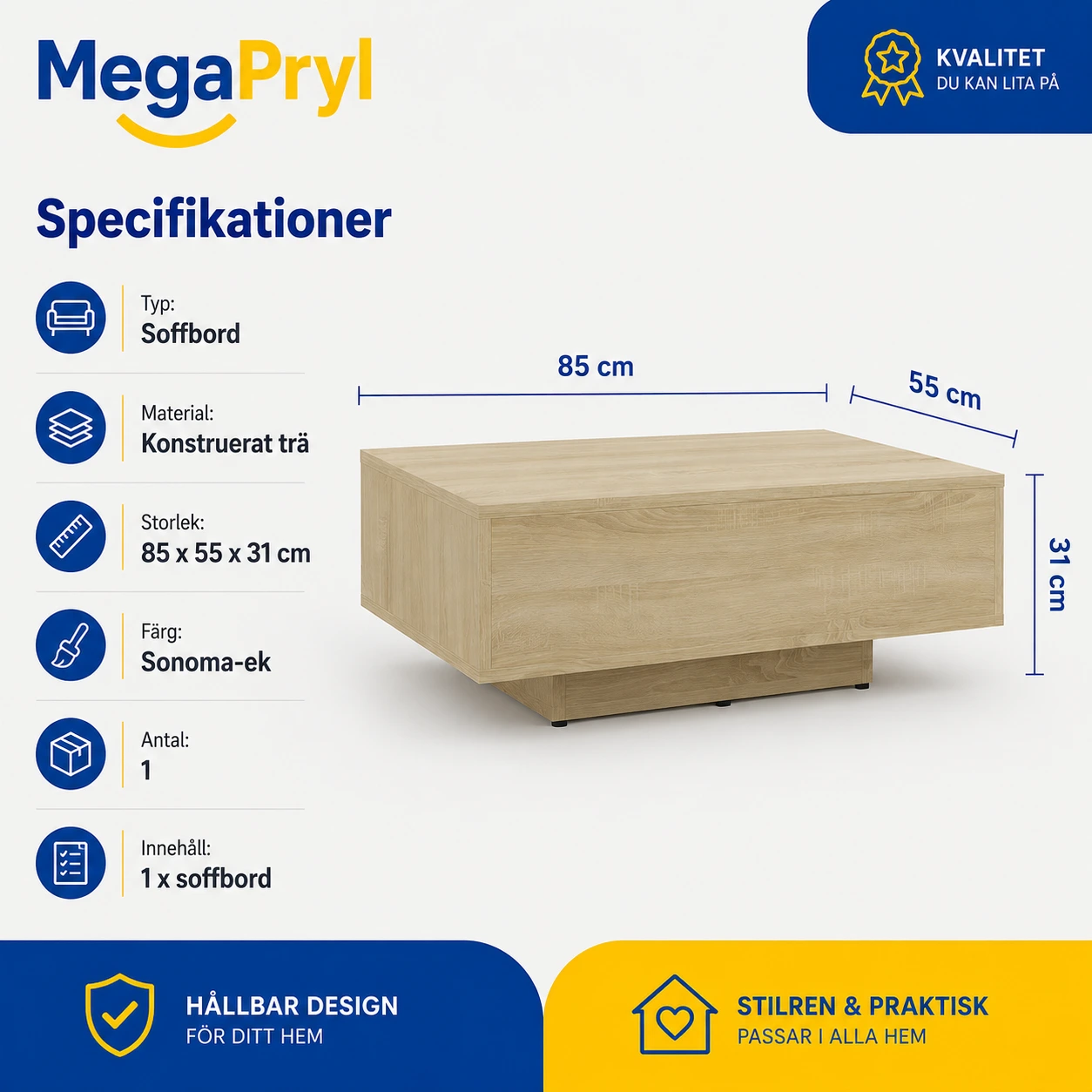 Soffbord för vardagsrum i sonoma-ek 85x55x31 cm