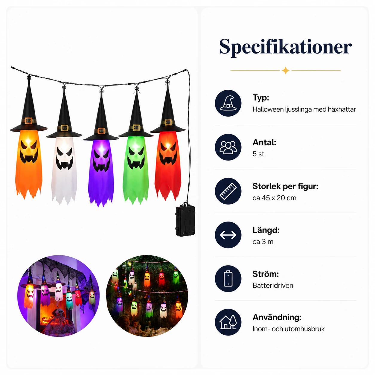 Halloween ljusslinga med häxhattar för trädgård och fest 5-pack