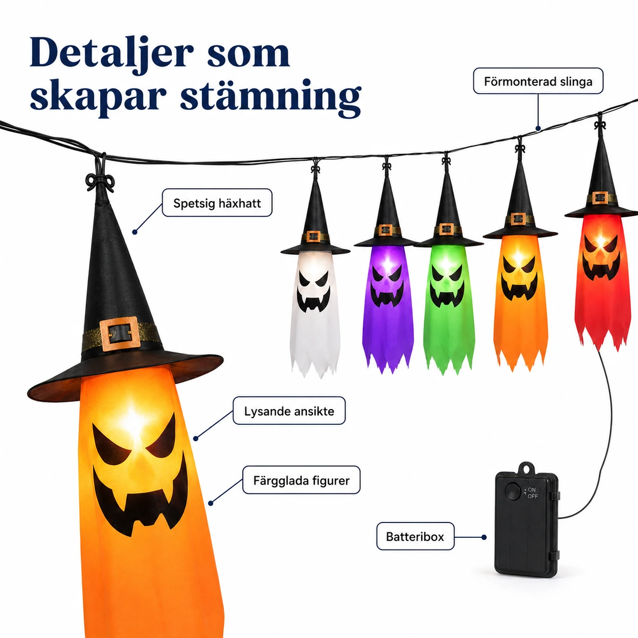 Halloween ljusslinga med häxhattar för trädgård och fest 5-pack