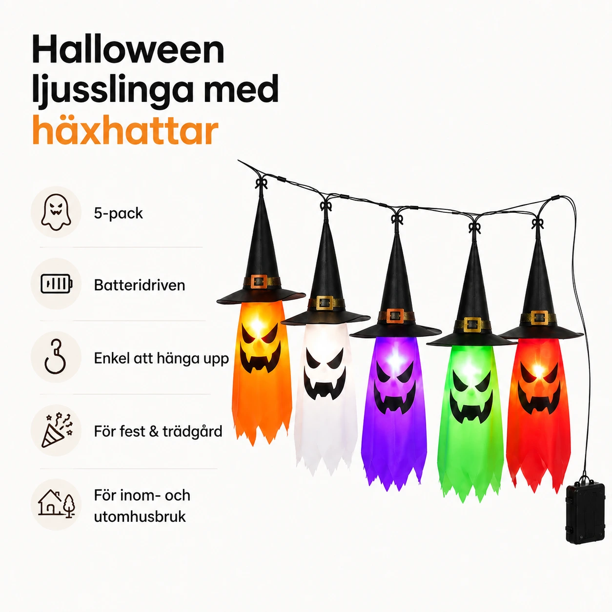 Halloween ljusslinga med häxhattar för trädgård och fest 5-pack
