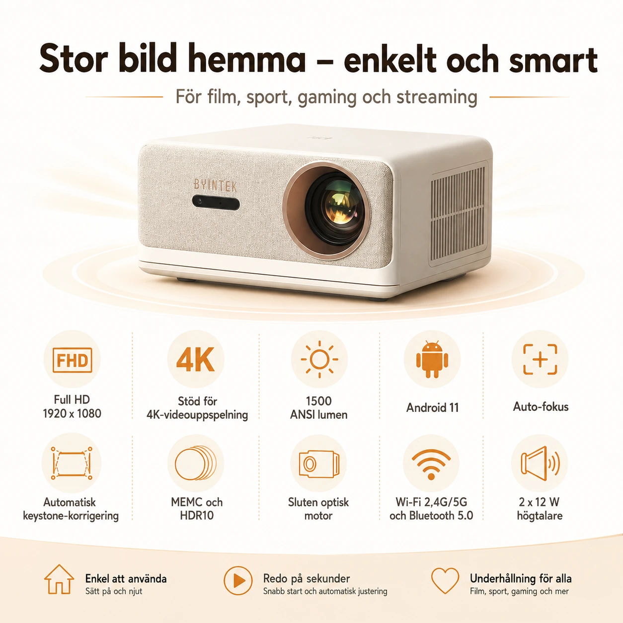 Projektor för hemmabio med Android 11 och auto-fokus