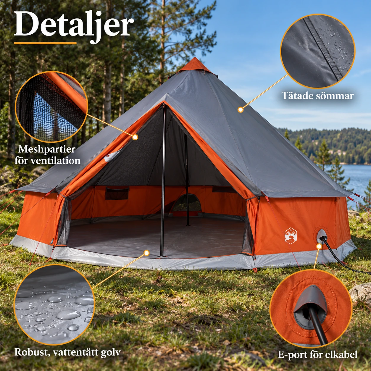 Familjetält i tipi-form med vattentätt golv och E-port