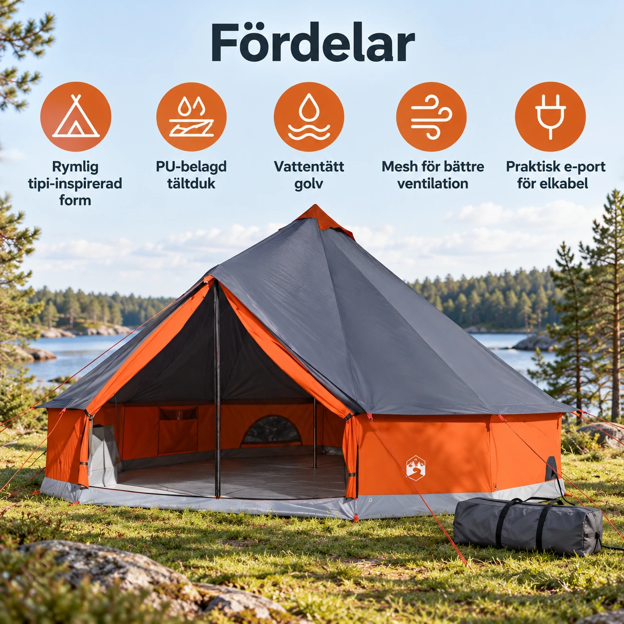 Familjetält i tipi-form med vattentätt golv och E-port