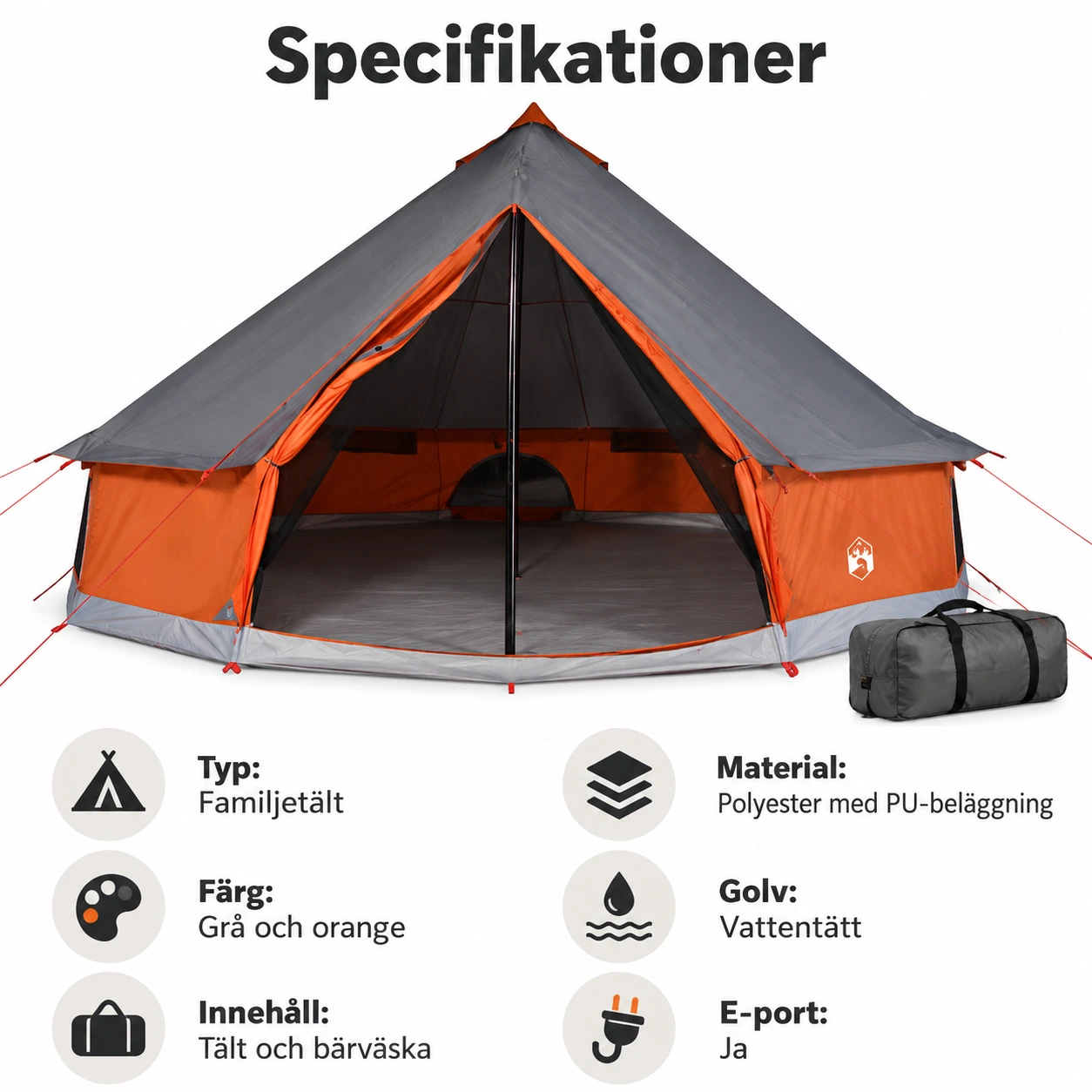 Familjetält i tipi-form med vattentätt golv och E-port