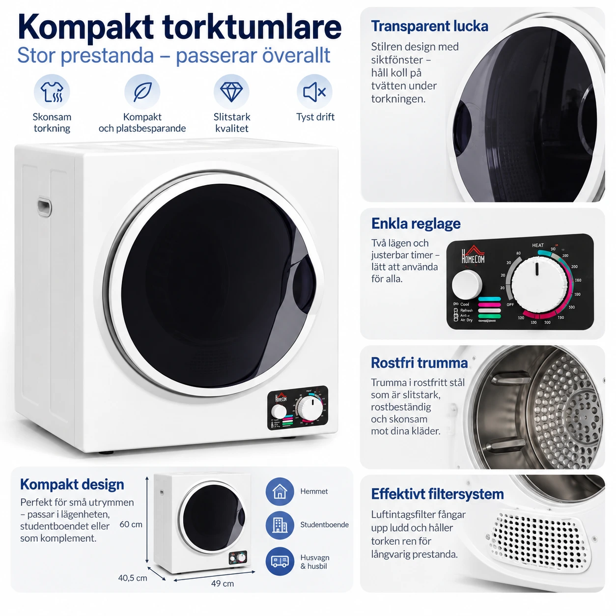 Kompakt torktumlare för hemmet med 4 kg kapacitet