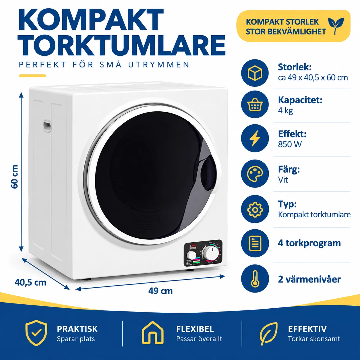 Kompakt torktumlare för hemmet med 4 kg kapacitet