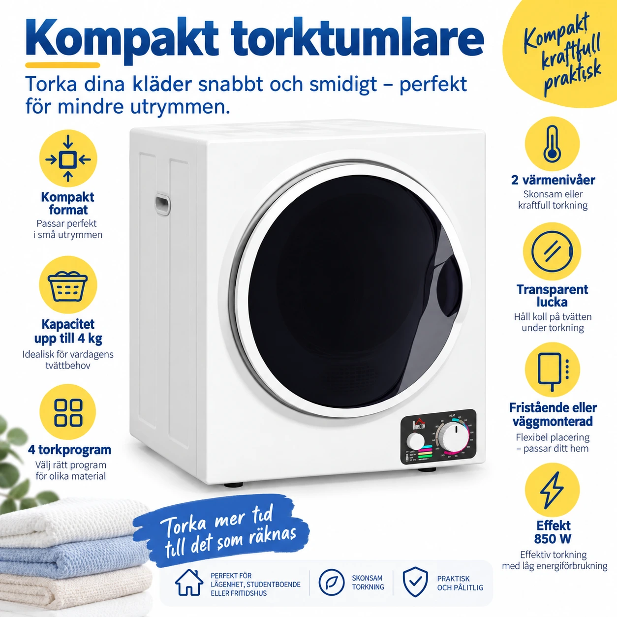 Kompakt torktumlare för hemmet med 4 kg kapacitet