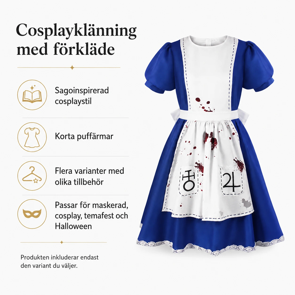 Cosplayklänning med förkläde för maskerad och Halloween