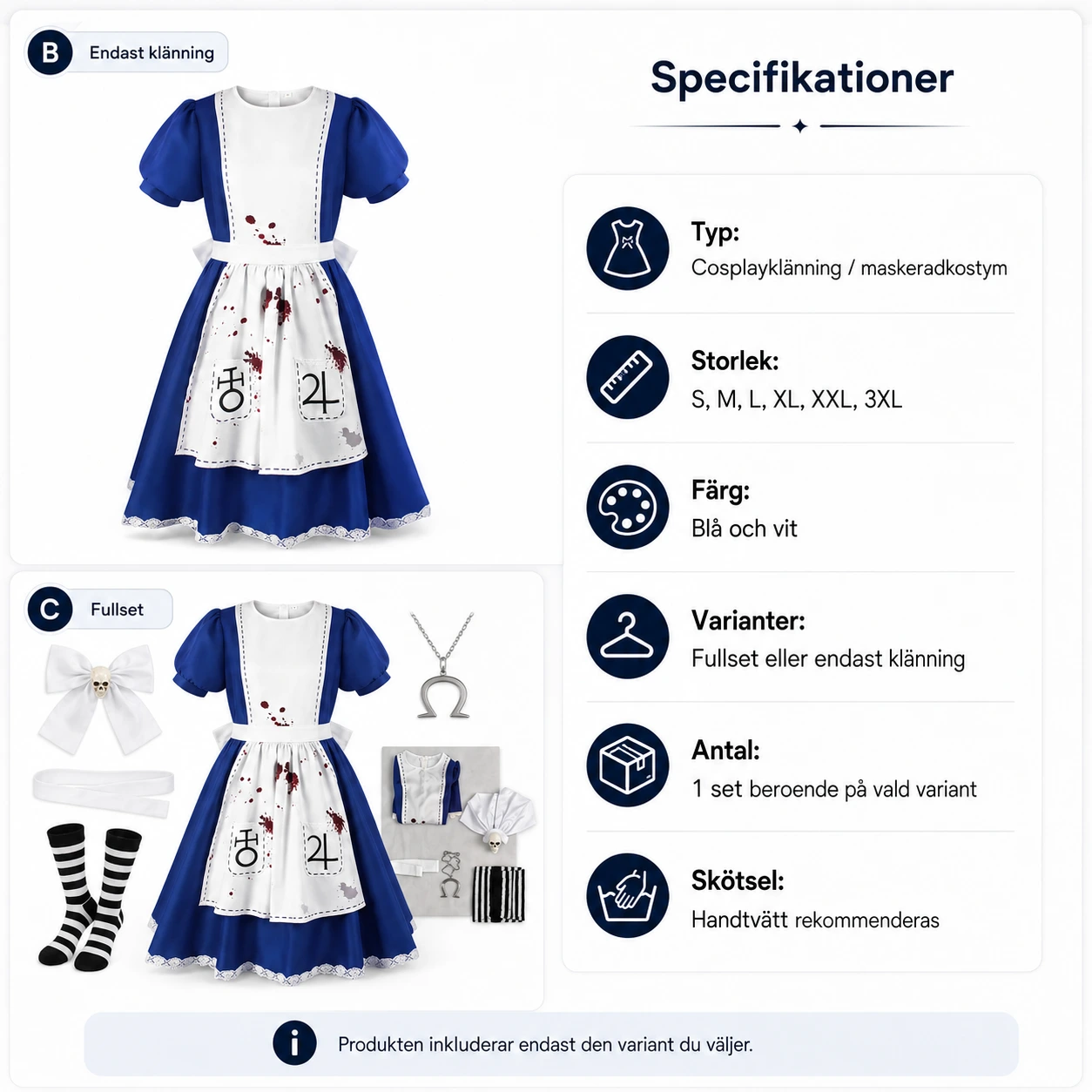 Cosplayklänning med förkläde för maskerad och Halloween
