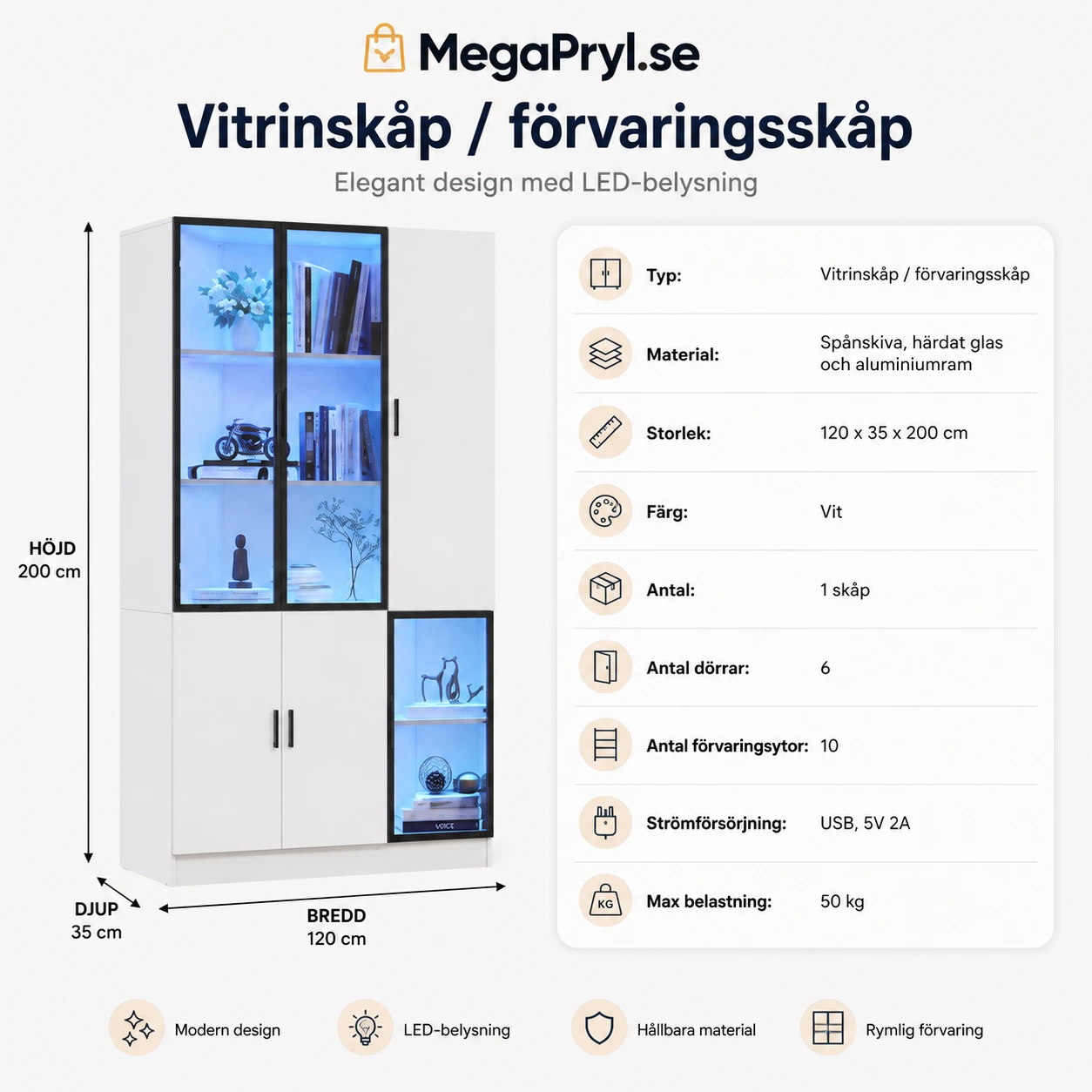 Vitrinskåp med LED-belysning och glasdörrar 120 x 35 x 200 cm