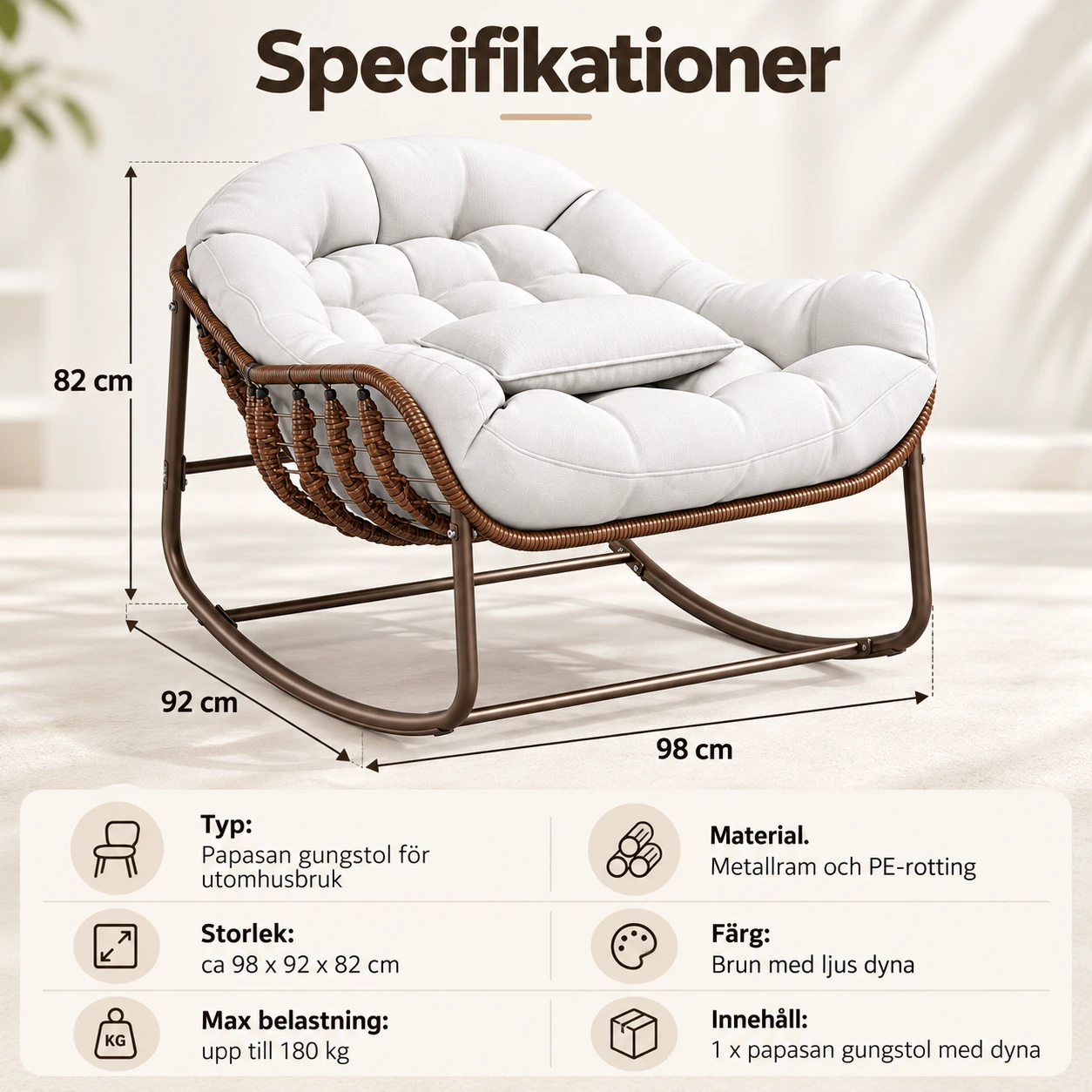 Papasan gungstol för uteplats med dyna och metallram