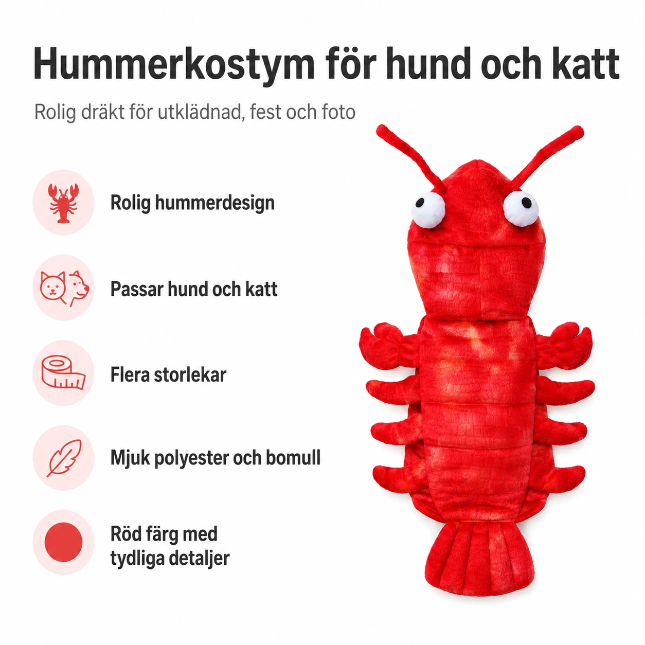 Hummerkostym för hund och katt i röd polyester och bomull