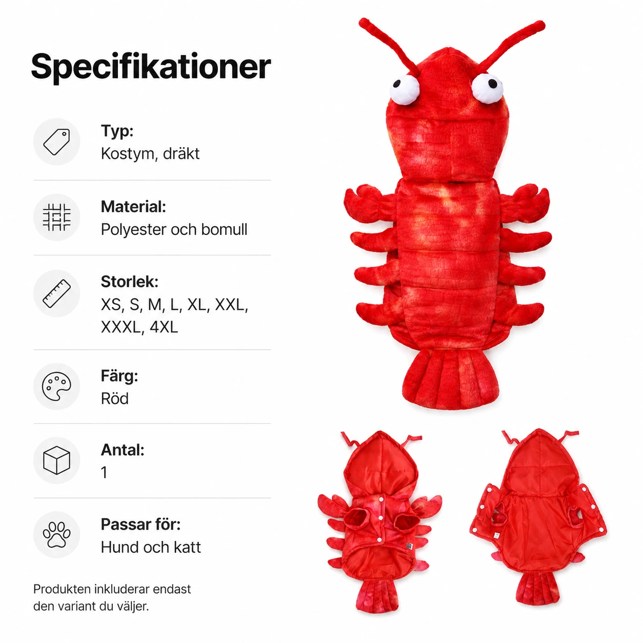 Hummerkostym för hund och katt i röd polyester och bomull