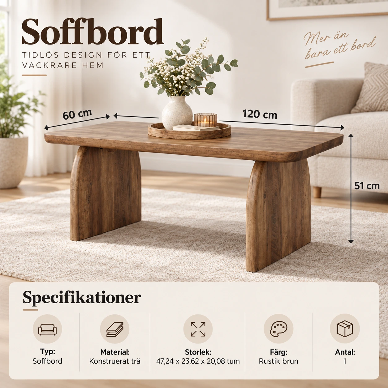 Rektangulärt soffbord för vardagsrum, 47,24 tum