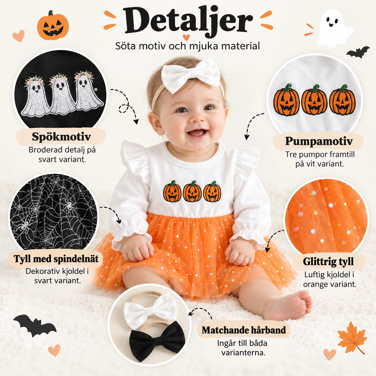 Romperklänning baby med hårband och halloweenmotiv