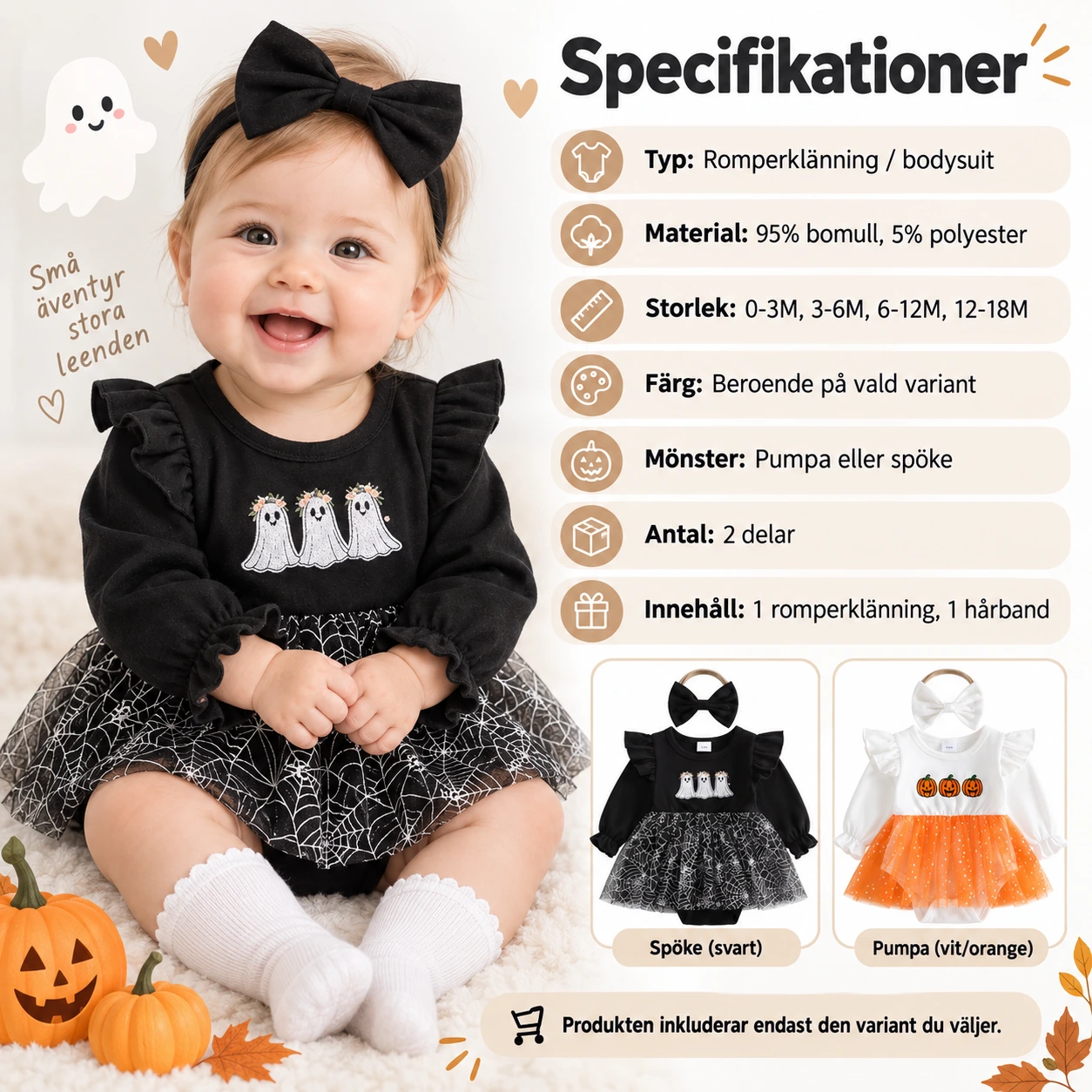 Romperklänning baby med hårband och halloweenmotiv