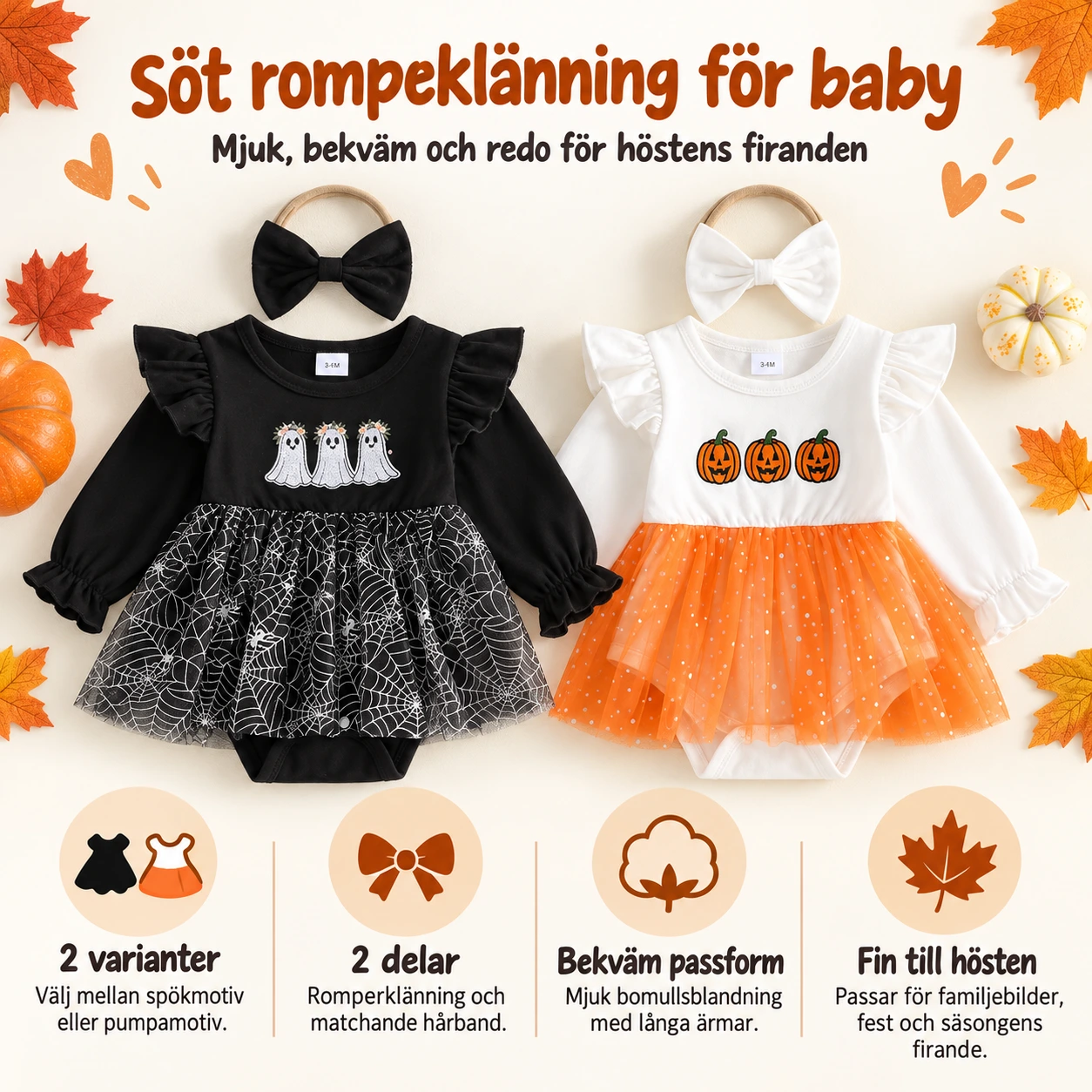 Romperklänning baby med hårband och halloweenmotiv