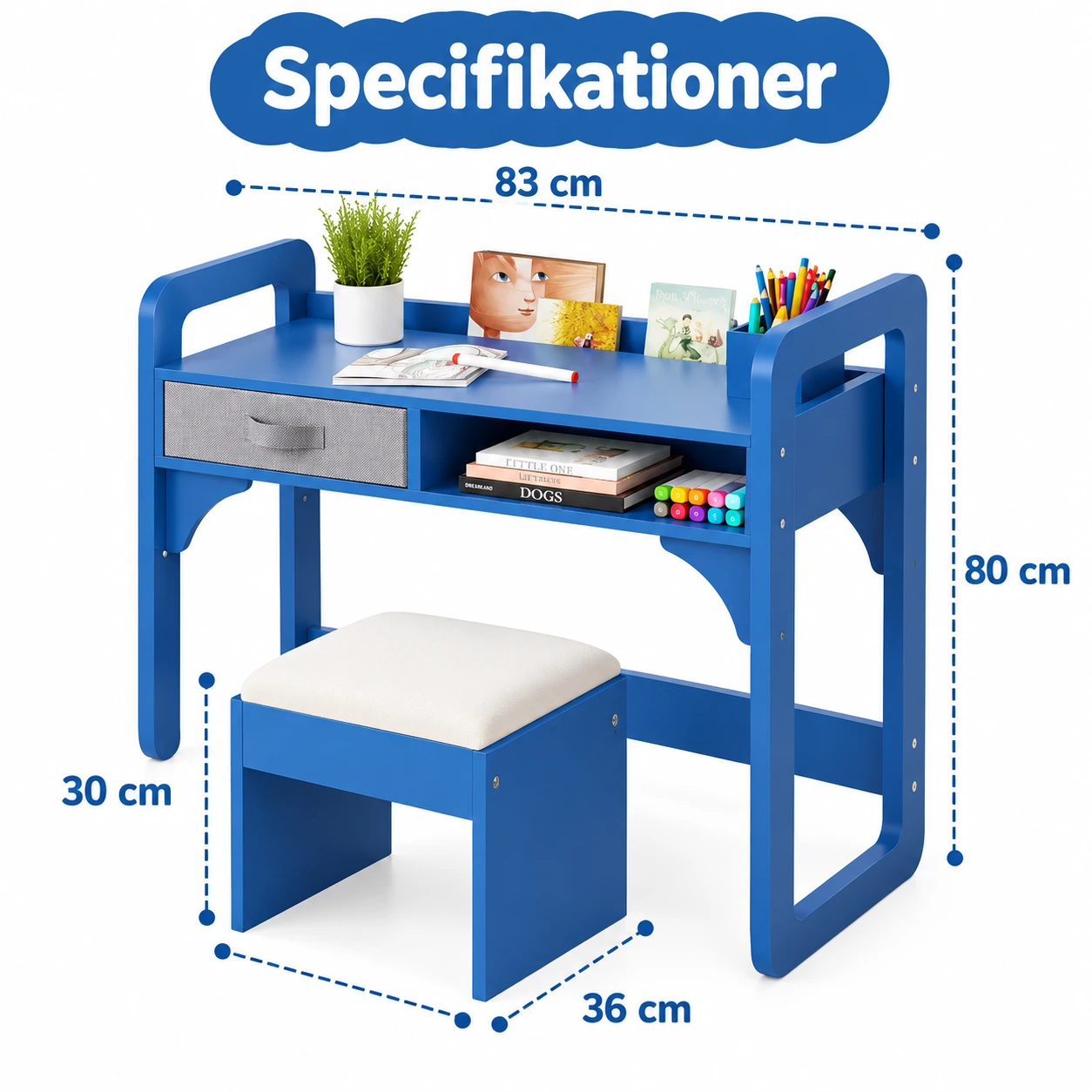 Barnskrivbord med pall och förvaring