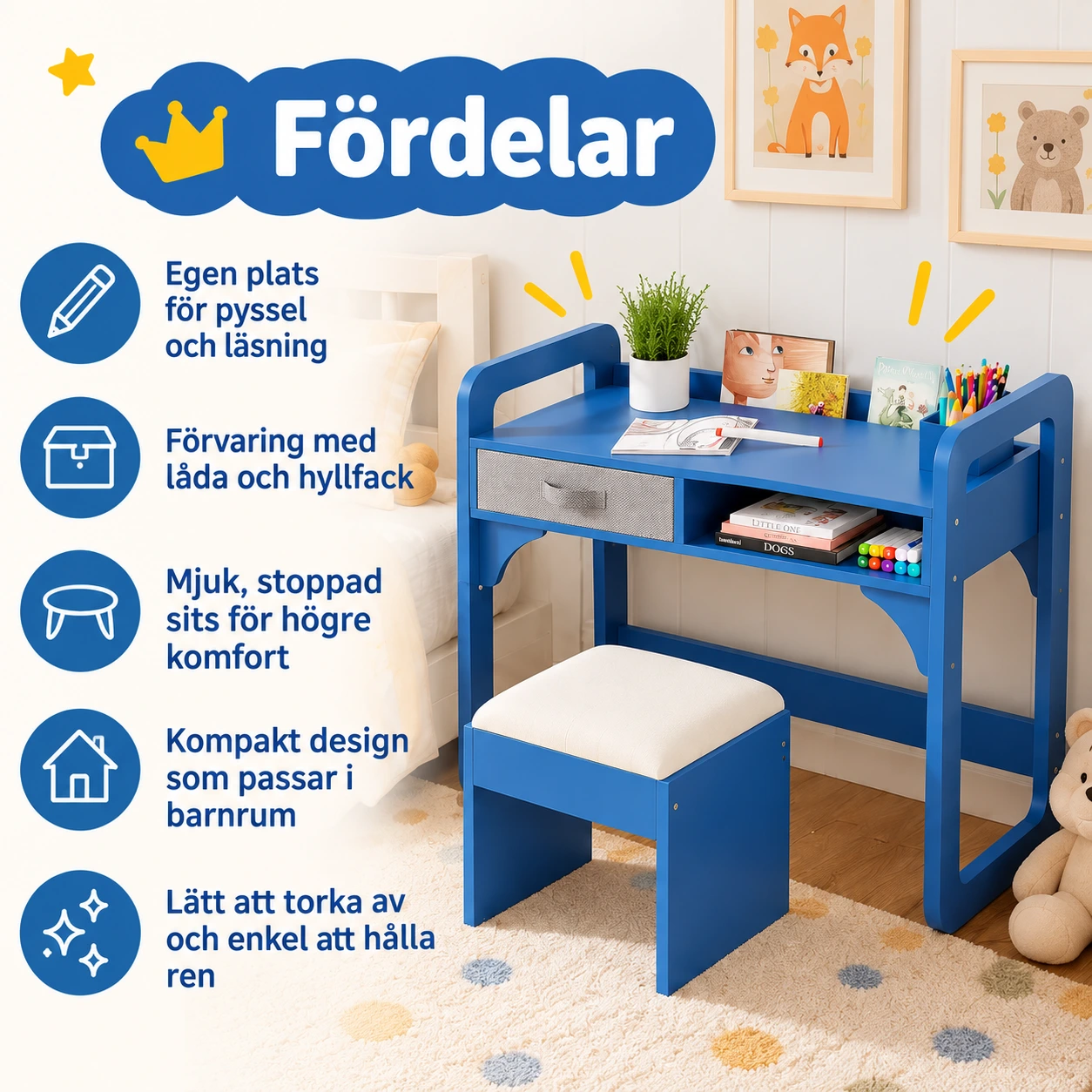 Barnskrivbord med pall och förvaring