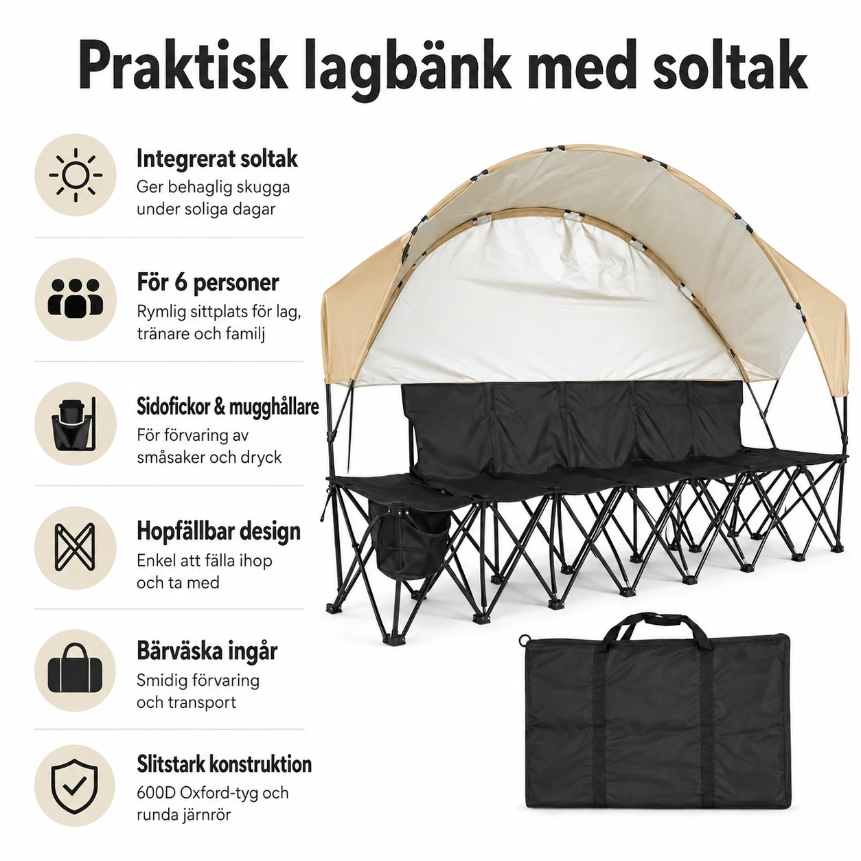 Hopfällbar lagbänk för sport med soltak och bärväska