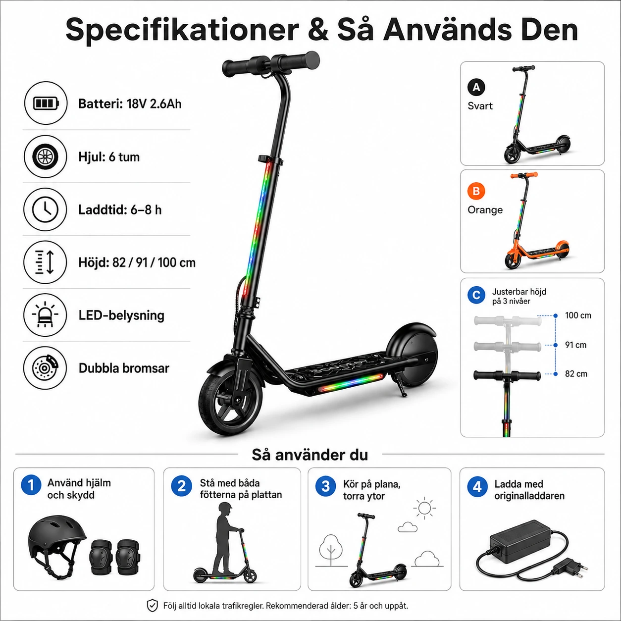Elsparkcykel för Barn med LED – 150W Justerbar Höjd