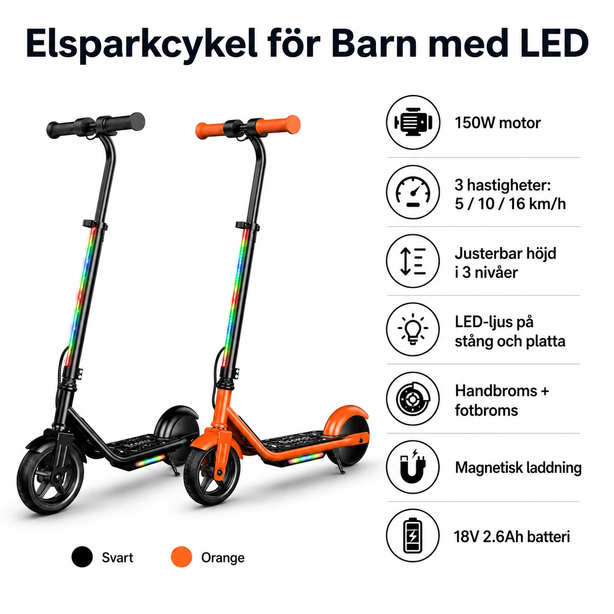 Elsparkcykel för Barn med LED – 150W Justerbar Höjd