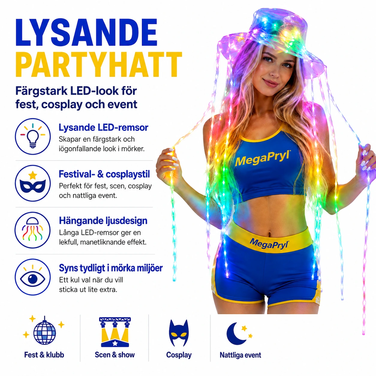LED-hatt med lysande remsor för fest och cosplay