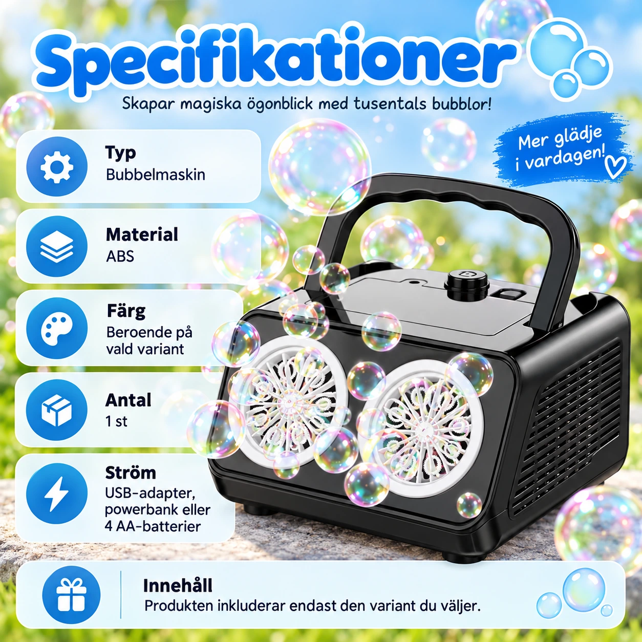 LED-saippuakuplakone kolmella virtavaihtoehdolla