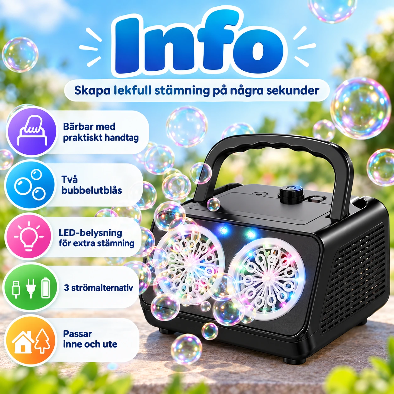 Bubbelmaskin med LED och 3 strömalternativ