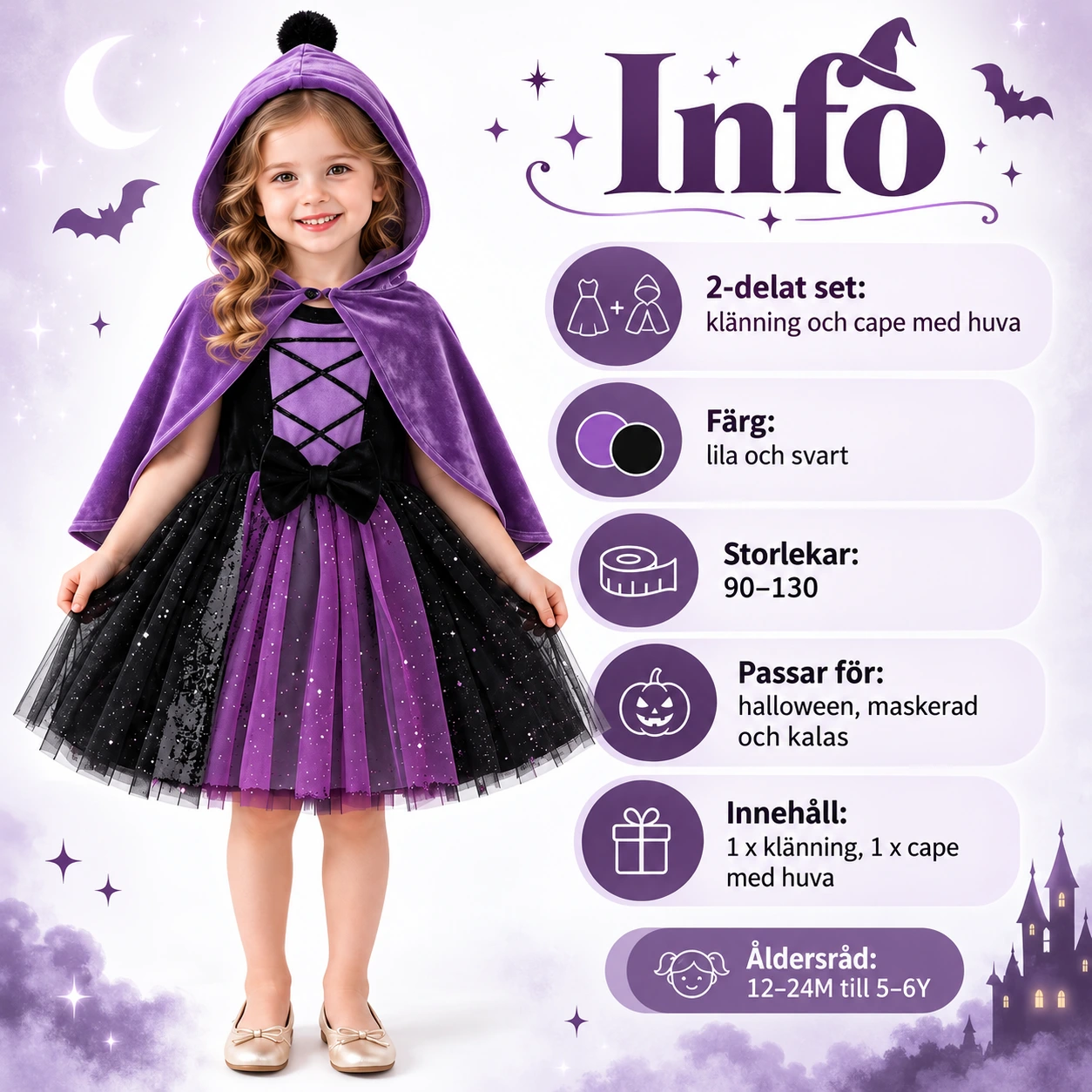 Häxdräkt för barn till halloween med klänning och cape