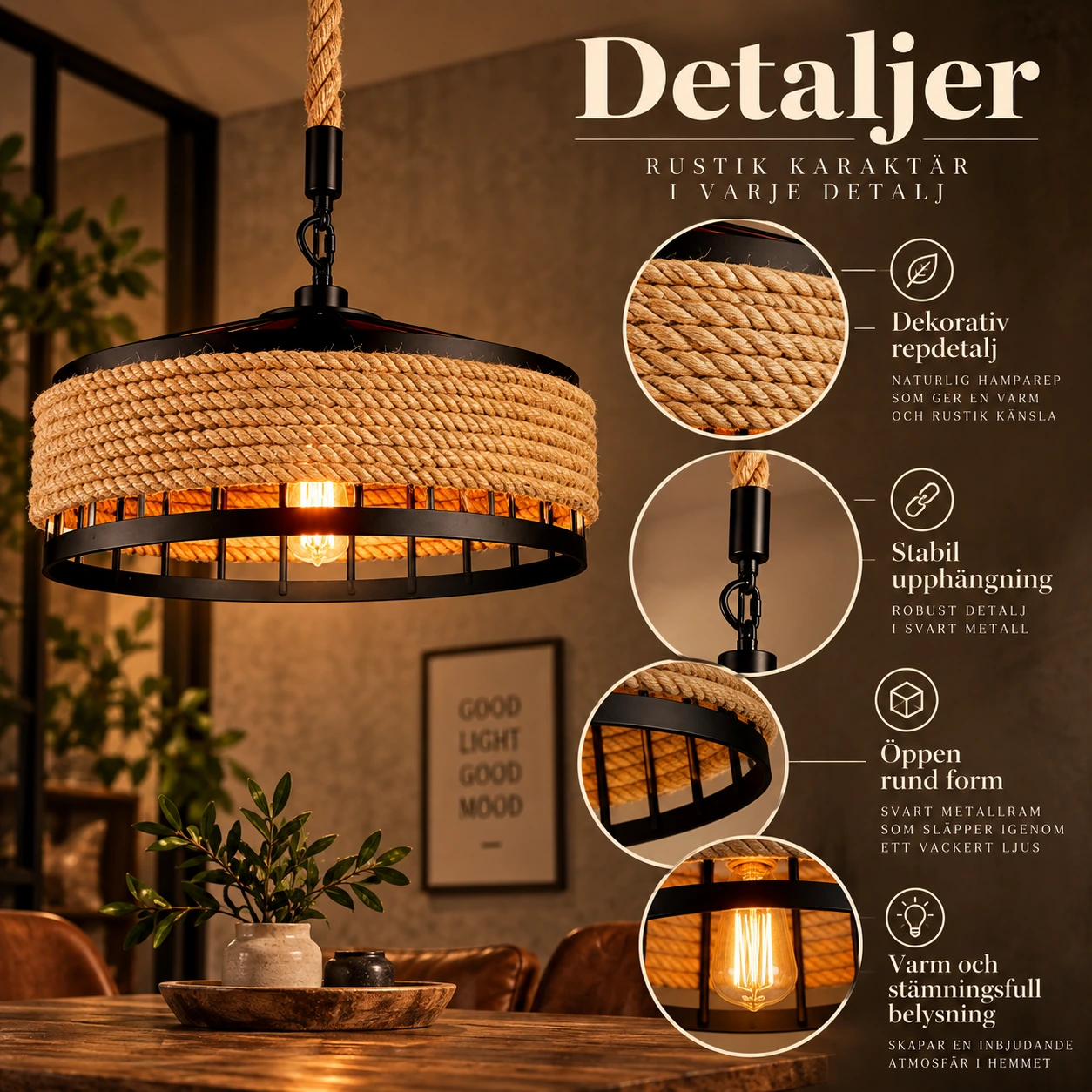 Taklampa i vintagestil med repdetalj