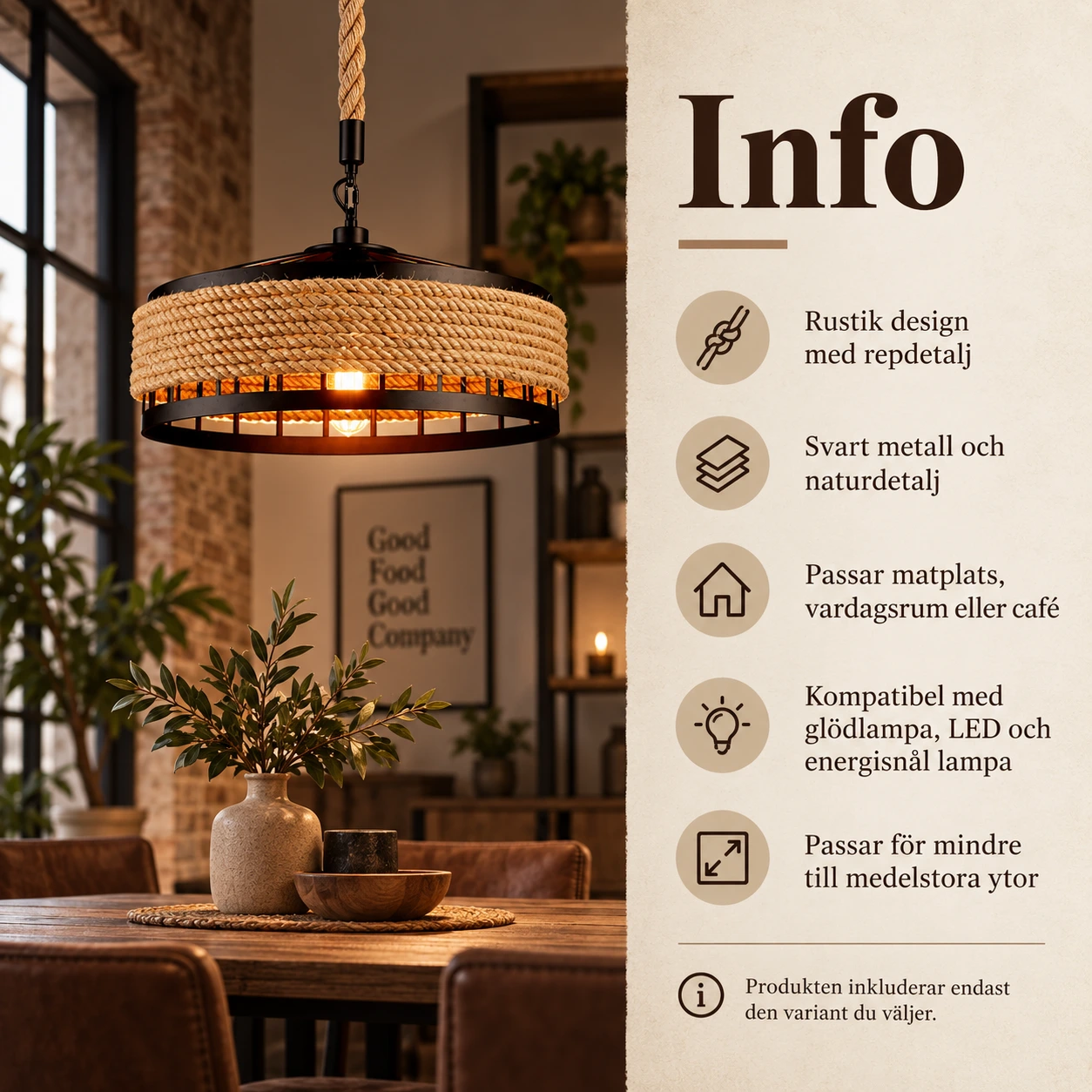 Taklampa i vintagestil med repdetalj