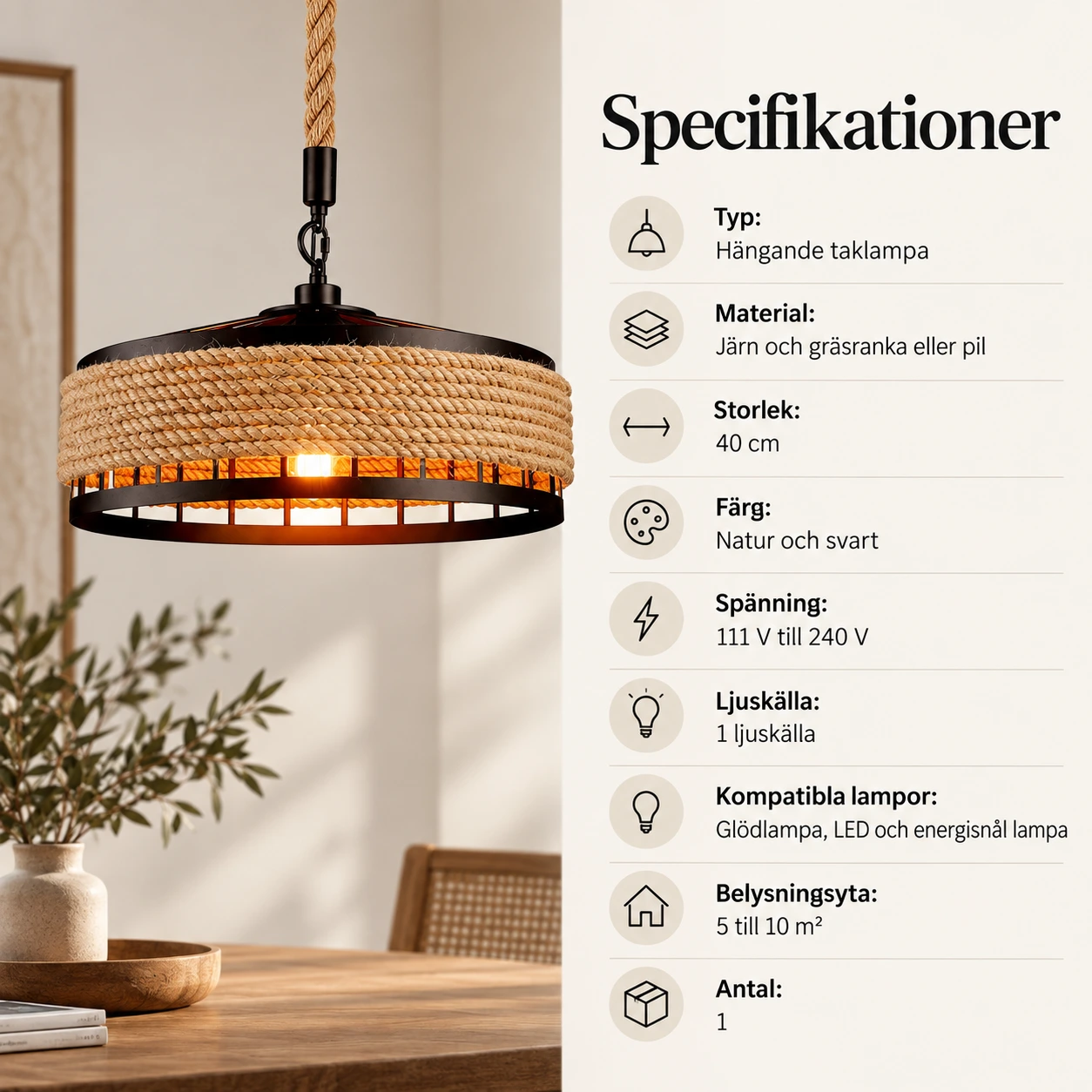 Taklampa i vintagestil med repdetalj