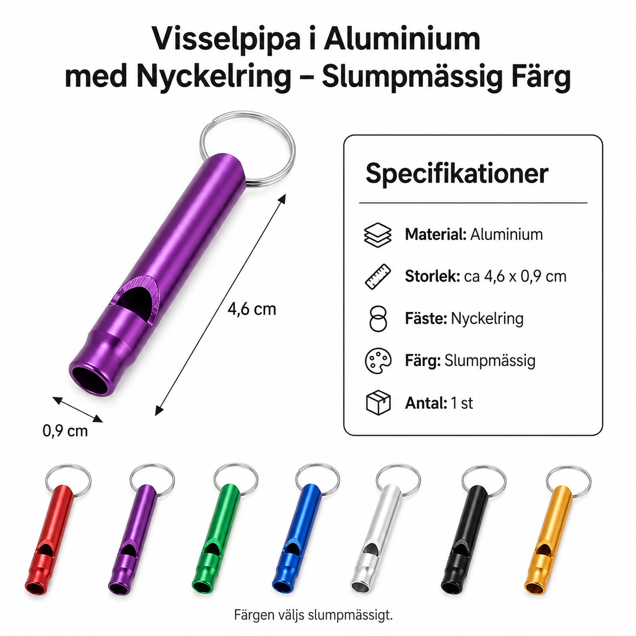 Visselpipa i Aluminium med Nyckelring – Slumpmässig Färg