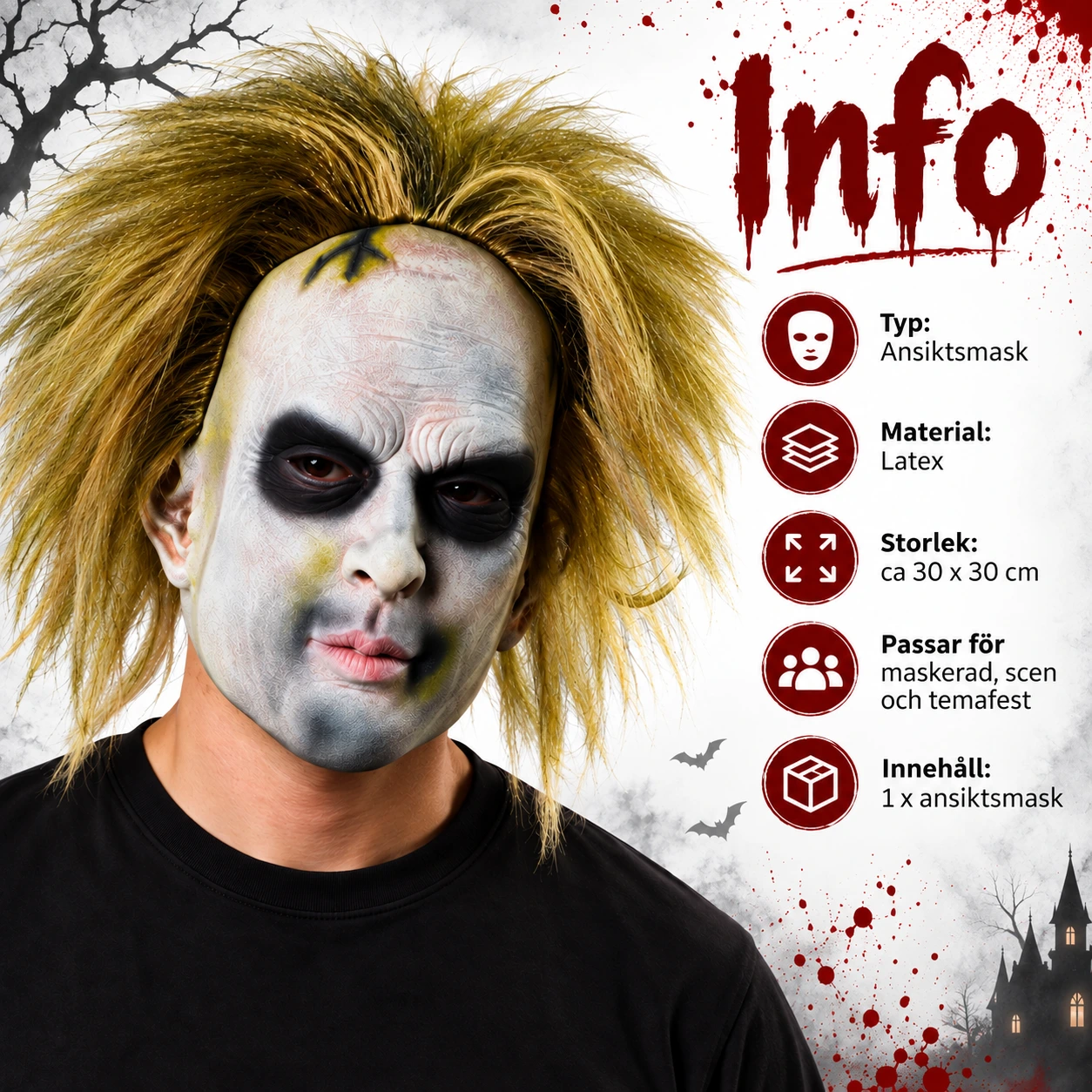 Zombieansiktsmaske i lateks med blondt hår