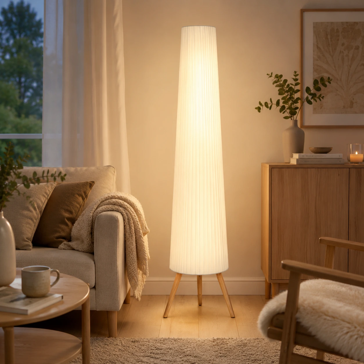 Golvlampa med dimmer och träben, 3 ljusnivåer