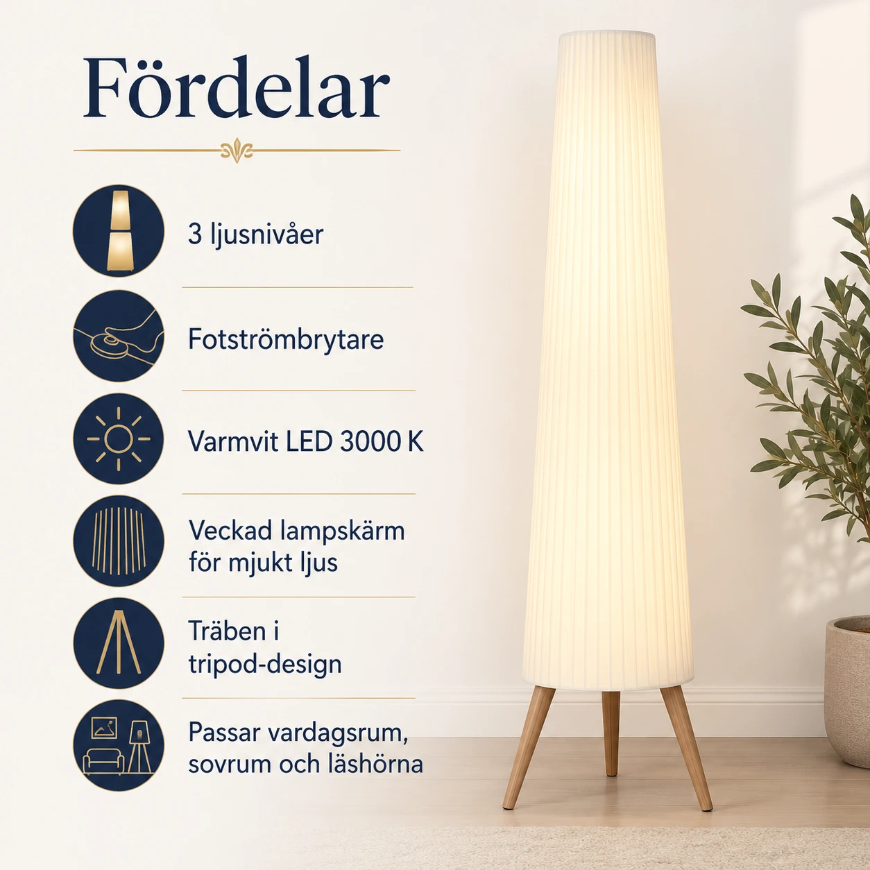 Golvlampa med dimmer och träben, 3 ljusnivåer