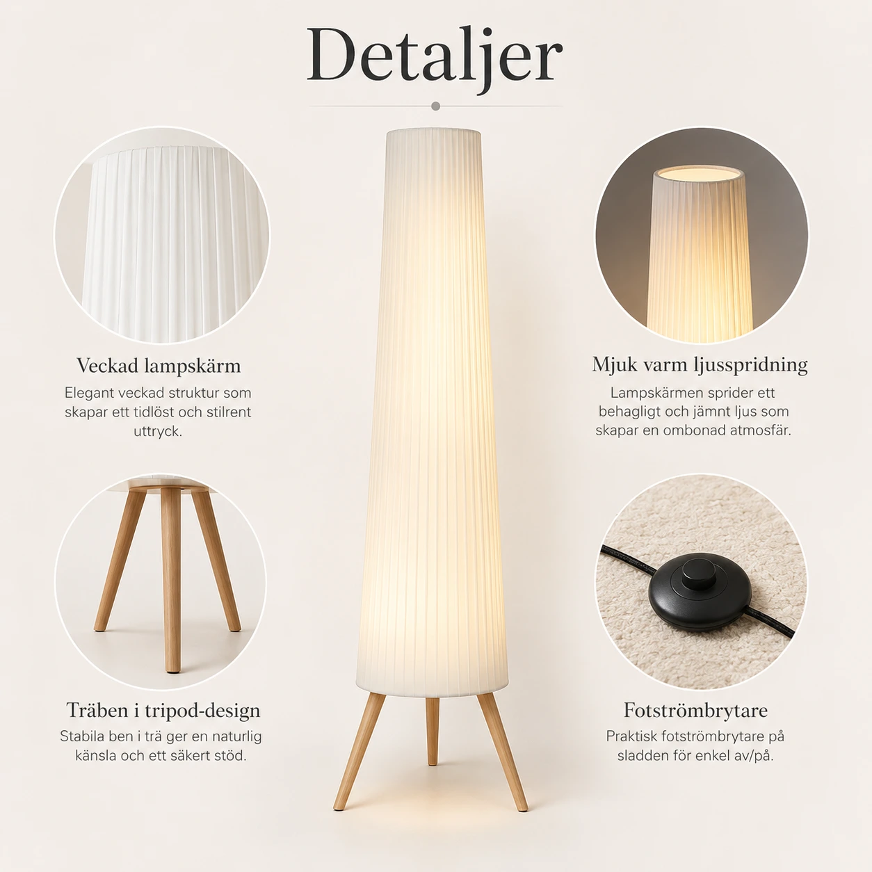 Golvlampa med dimmer och träben, 3 ljusnivåer