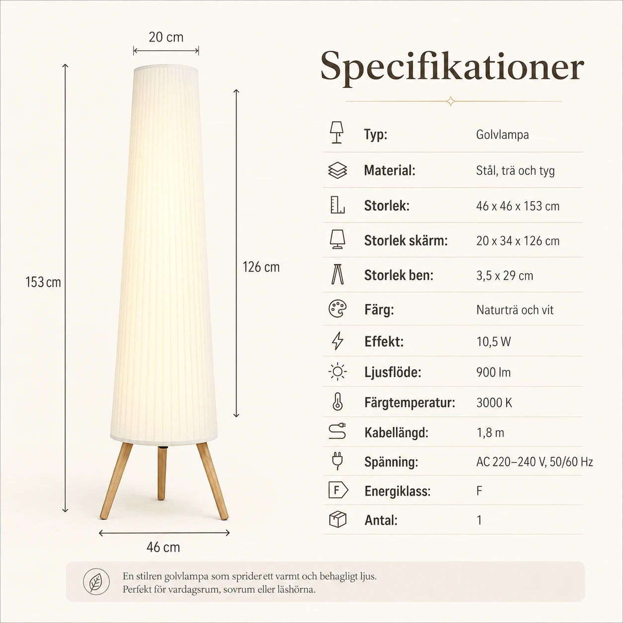 Golvlampa med dimmer och träben, 3 ljusnivåer